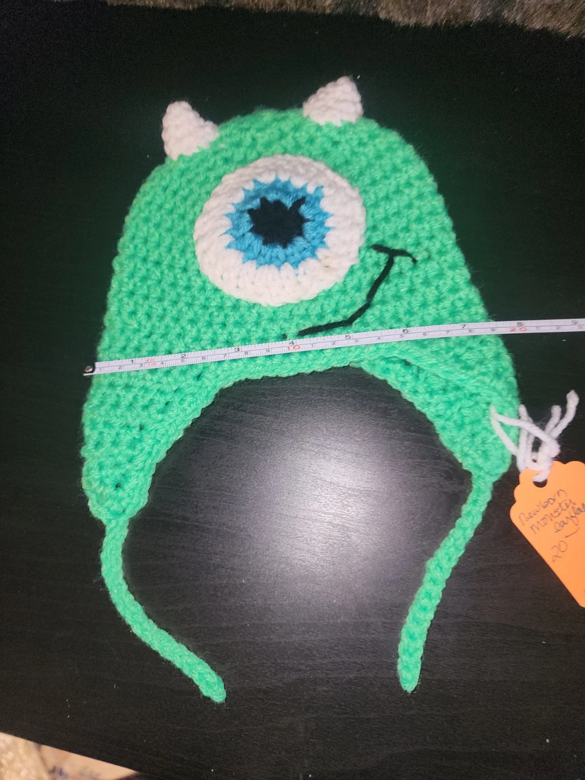 Crocheted Green 1 Eyed Orned Monster Earflap Baby Beanie New Born Size