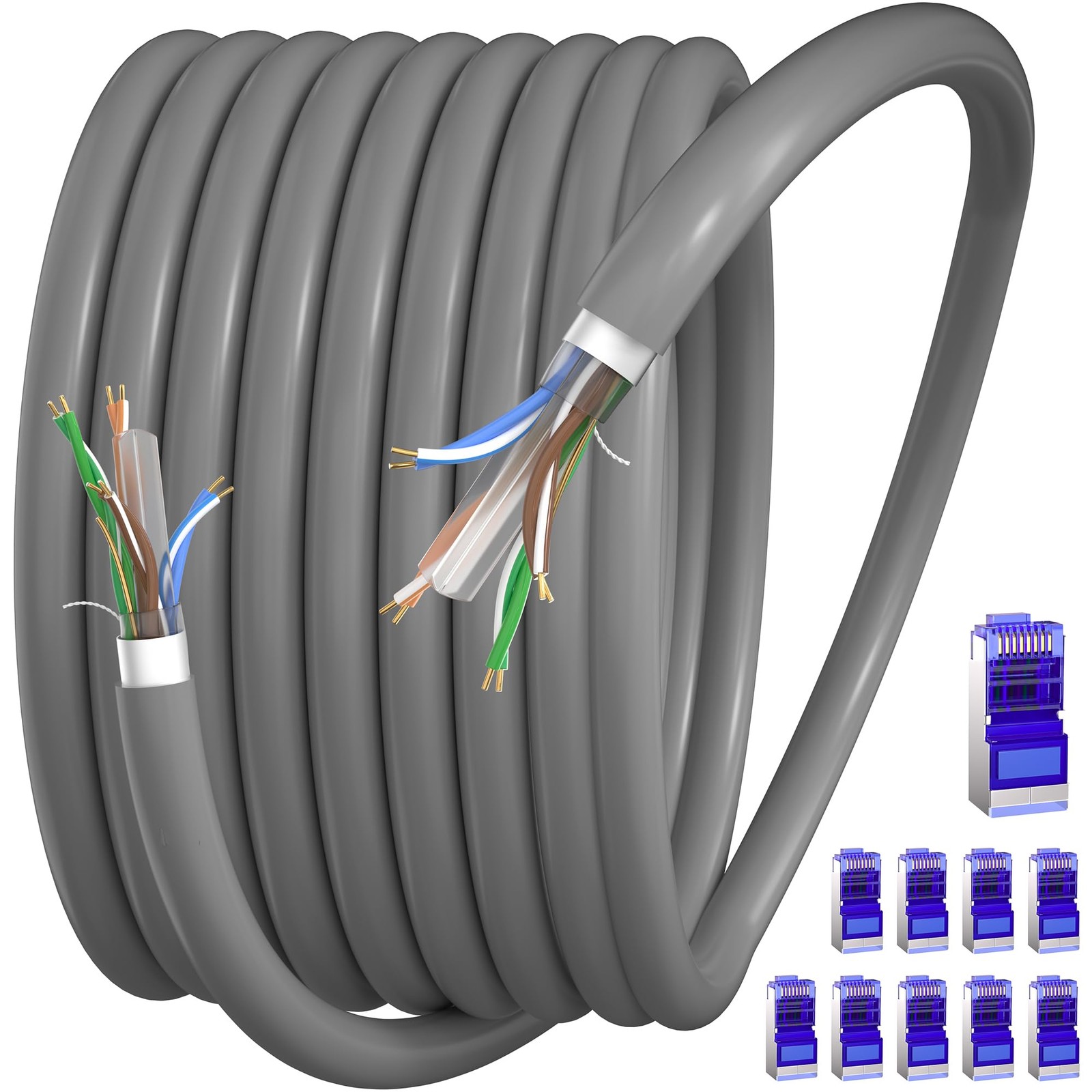 200ft Cat6 Shielded Outdoor Ethernet Cable with 10 RJ45 Connectors 23AWG