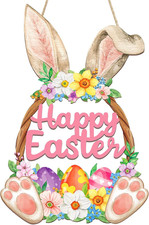 Wooden Easter Bunny Door Wreath Sign with Flowers Eggs for Front Door