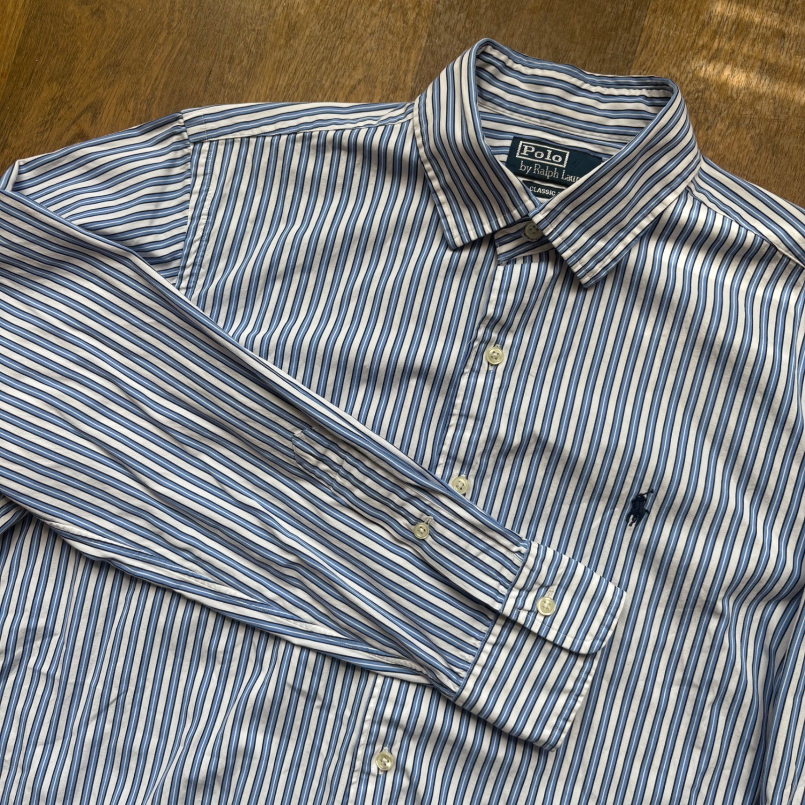 Vintage 1990s Polo Ralph Lauren Mens Small Pony Blue Striped Button Down Oxford
