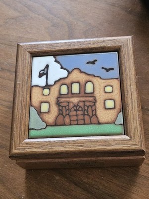 Vintage Handmade Wooden Trinket Box Southwest Studio Art Tile Boho Folk Art