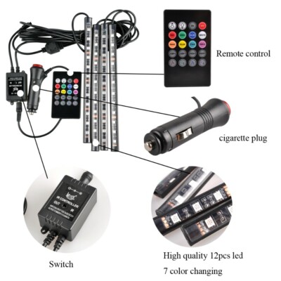 12v led strip light cigarette plug 4x 12V Car Interior RGB LED Strip Lights Music Atmosphere Light Remote  Control