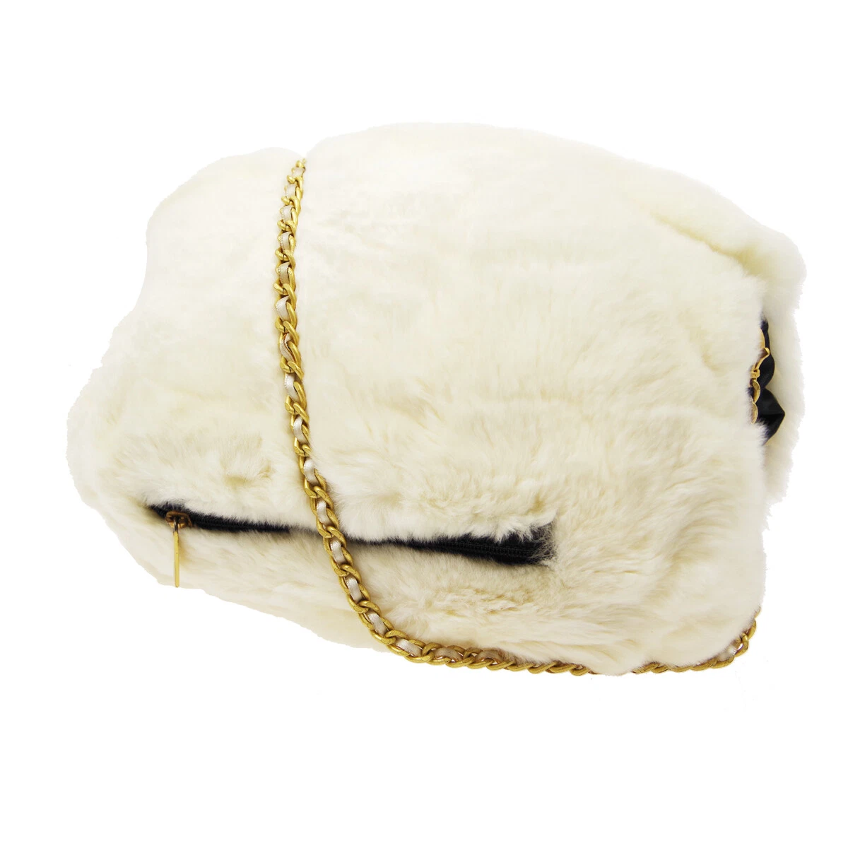 CHANEL Jumbo CC Arm Sleeve Chain Shoulder Bag Purse White Black Fur TG01741k
