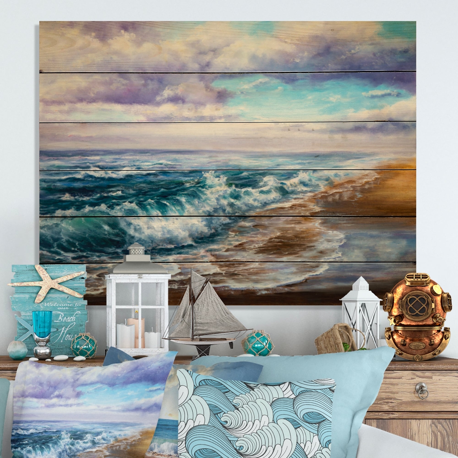 Designart 'Coastal Waves Painting' Nautical & Coastal Wood