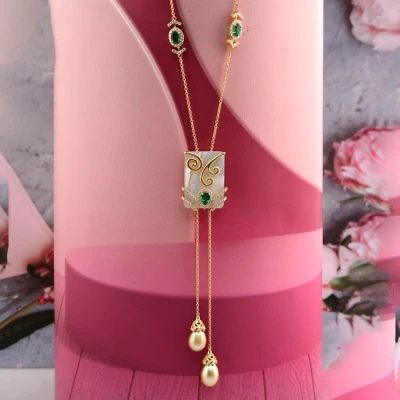 29.00 TCW Kunstdiamanten Grown Cvd Diamant Smaragd Perle Lasso Kette 14k Gelb - Bild 1 von 4