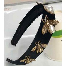 LUXURY HANDMADE BLACK VELVET HEADBAND WITH RHINESTONES, WHITE PEARLS  BEES