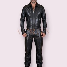 Men Genuine Leather Jumpsuit Black Overall Catsuit Bodysuit Biker Racer Suit