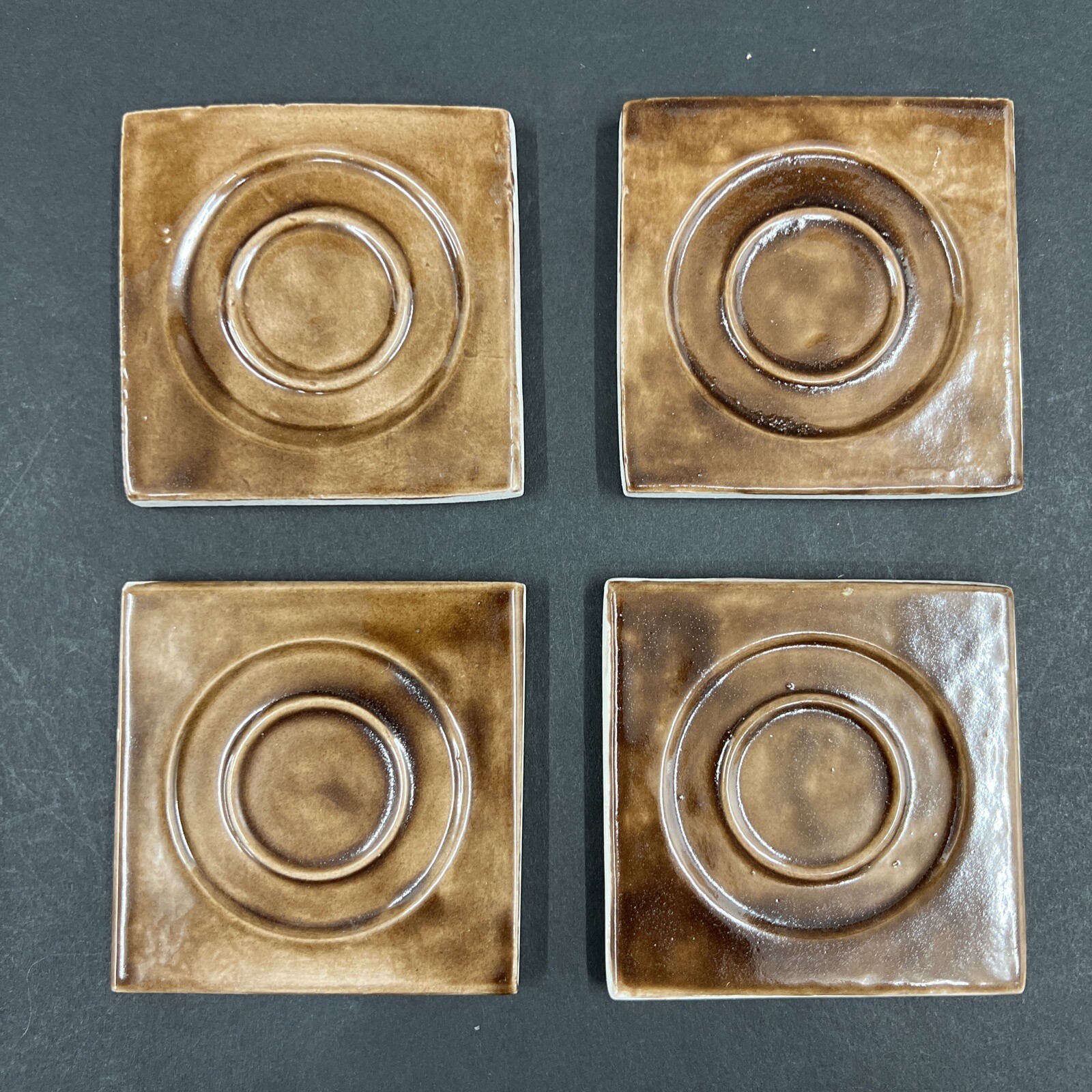 Vintage Brown Ceramic Tile 2 7/8” Square 3/8” Thick Recessed Circles Set Of 4