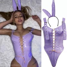 Women's Bunny Cosplay Costume Role Play Bunny Suit Shiny Leather Lingerie Set US