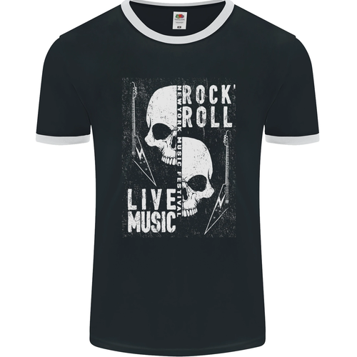 Rock n Roll Live Music Skull Guitar Mens Ringer T-Shirt FotL - Picture 11 of 29