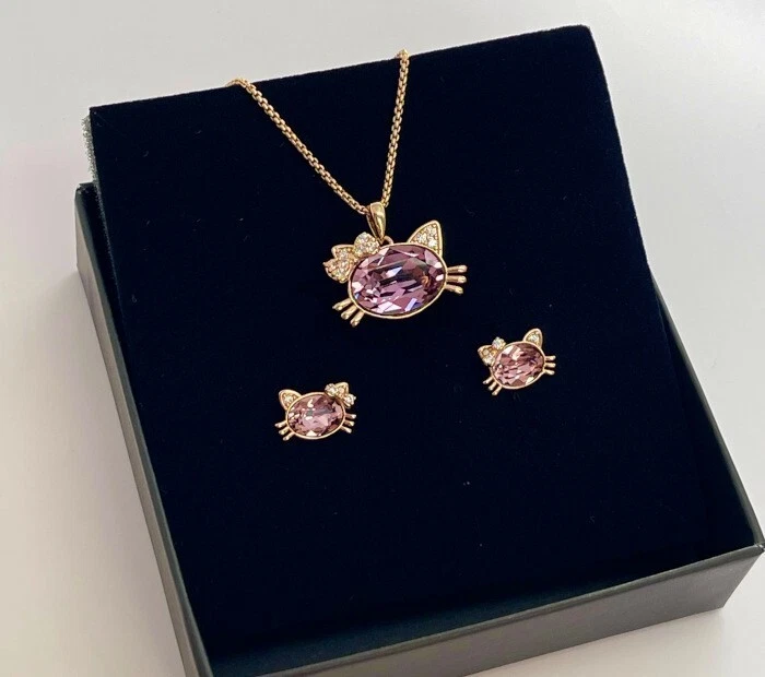 Edel Hello Kitty Schmuckset Kinder Kristalle Lila 750er Gold 18K vergoldet Etui - Bild 4 von 4