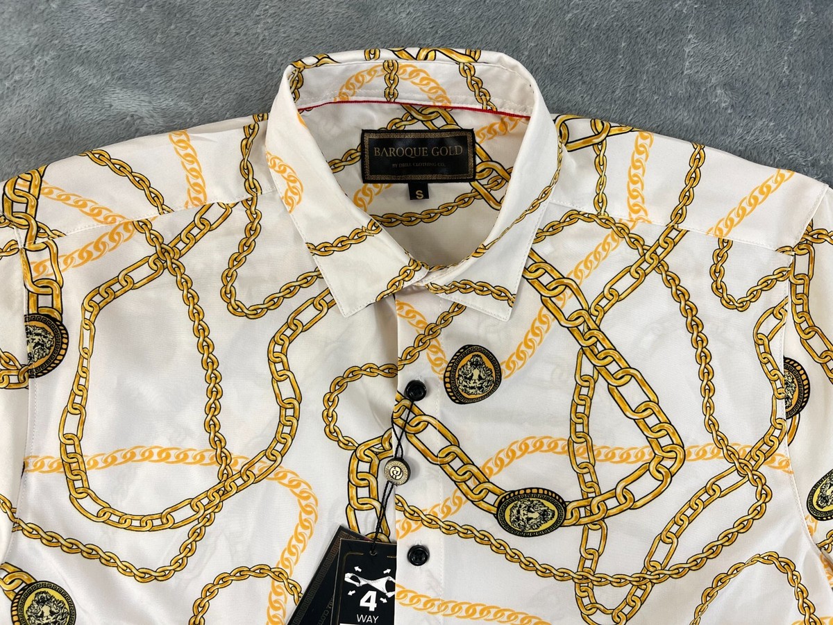 white gold dress shirt DRILL CLOTHING Baroque Men's Small Gold Chain Button-Up Stretch 251211