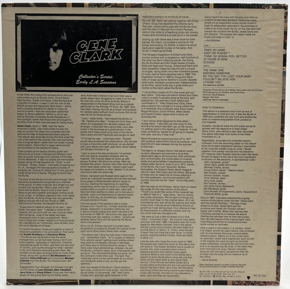 GENE CLARK "Collector's Series: Early L.A. Sessions" LP 1972 w/ Timing Strip UC Foto 2 de 4