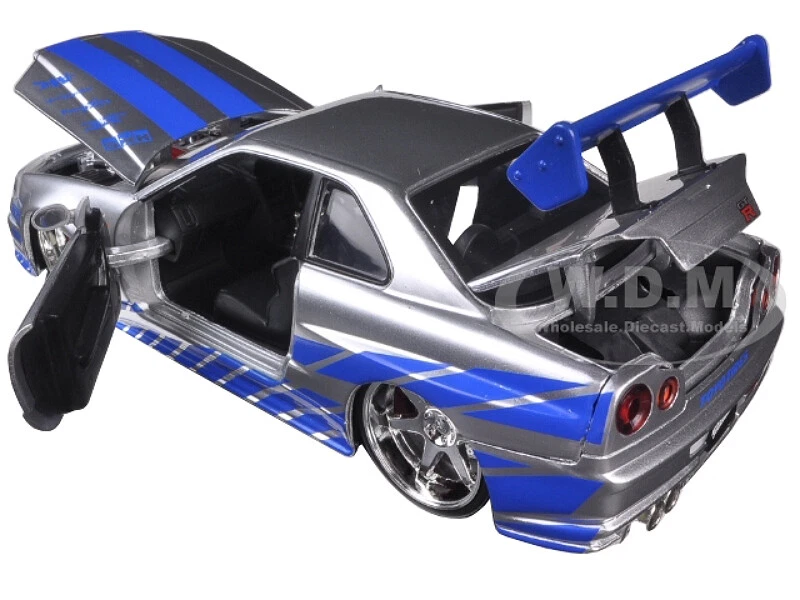 BRIAN'S NISSAN GTR SKYLINE R34 SILVER & BLUE FAST & FURIOUS 1/24 CAR JADA 97158 - Image 2 of 4