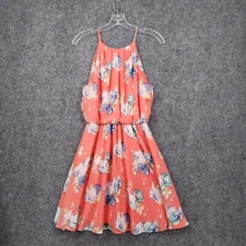 Lush Dress Womens S Small Orange Blouson Chiffon Skater Floral Mini Fit Flare