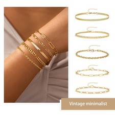 5PCS Bracelets Set for Women Chain Layered Bracelets Gold Color Chain Bangle wy