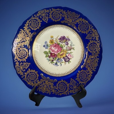 Set 4 - Rosenthal Ivory Cobalt Blue Dinner Plates Gold Scrolls / Floral 10  Mint