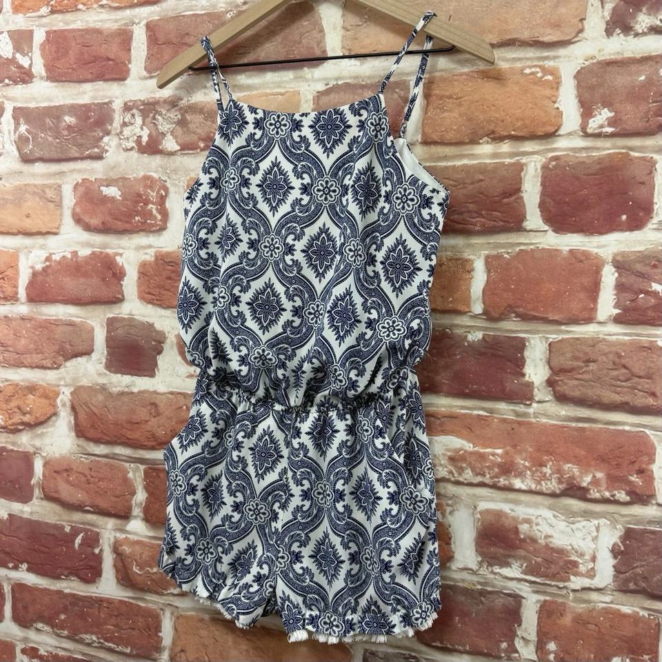 Pantalones Cortos Bisou Bisou Mameluco Mujer 6 Azul Blanco Boho Abstracto Flecos Borde Informal Foto 3 de 4