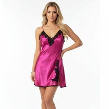 Frederick s of Hollywood Pink Black Satin Lace Short Sleep Dress XS NEW