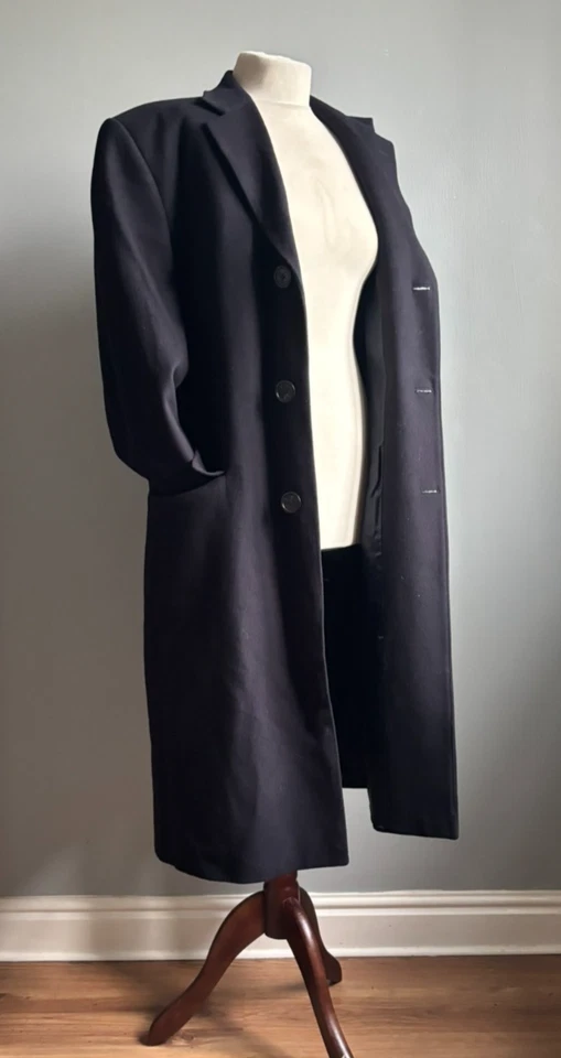 Mens WOOL COAT 42 40 TRENCH ITALIAN FABRIC 35% cashmere lightweight navy MILANO - Image 2 of 4