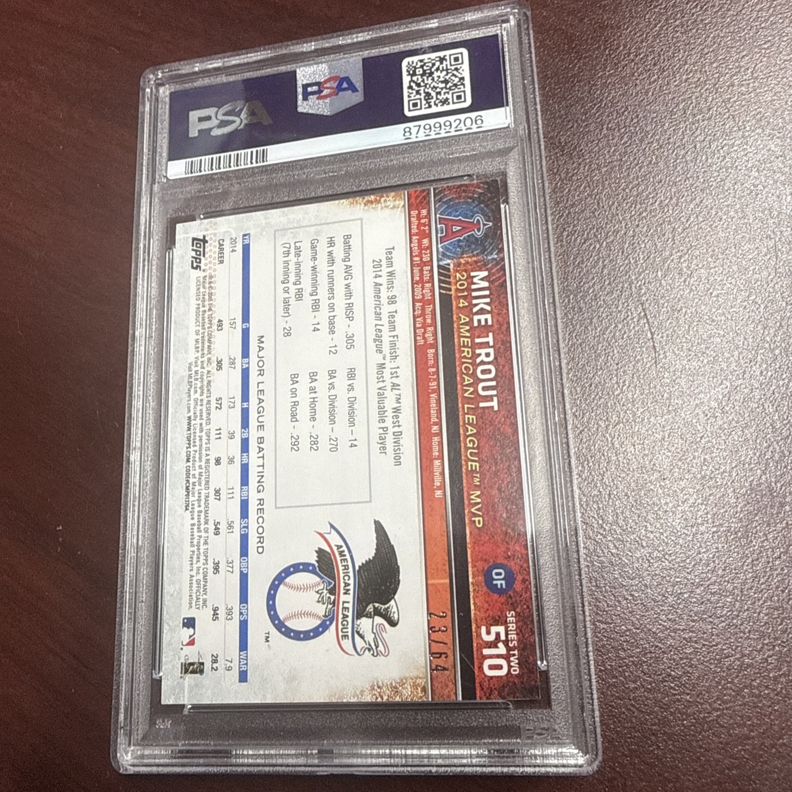 MIKE TROUT 2015 Topps #510 Black Border #/64 Angels PSA 7 MVP view 4
