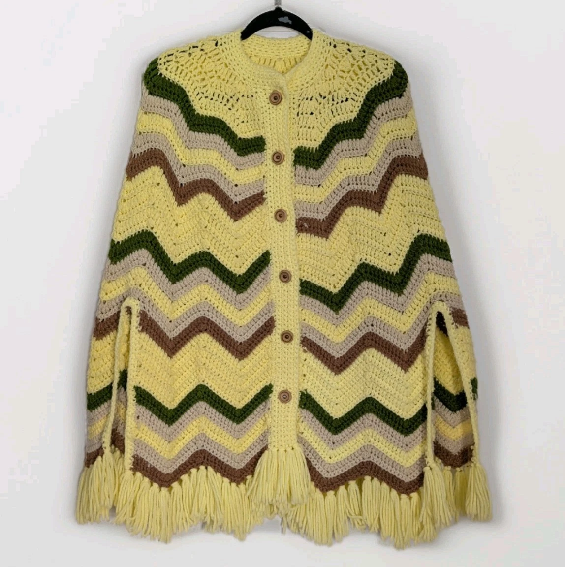 Vintage Handmade Chevron Crochet Poncho Yellow Green Tan Brown Fringe Cape OS