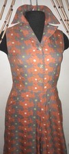 Vtg 1960s 70s Poly Daisy Psychedelic Hippie Flower Print Orange Gray JUMPSUIT S