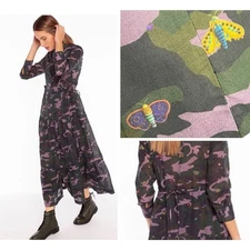 Vilagallo Marcella Tiered Maxi Dress 38 M Matilda Cotton Butterfly Camo Buttoned