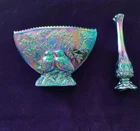 Fenton Purple Carnival Glass Lovebirds Vase And Purple Bud Vase