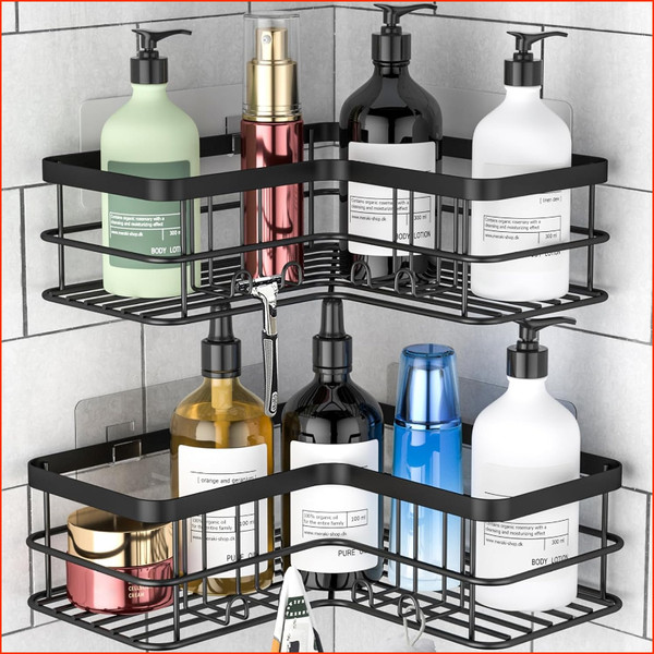 Duschablage Ohne Bohren 2 StüCk Shampoo Halterung Schwarz Rostfrei 8 Haken-image