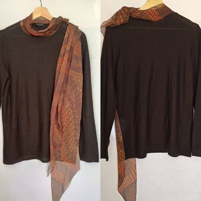 AKRIS Sweater Integrated Scarf Dark Brown Orange Pattern US 14 Cashmere Silk