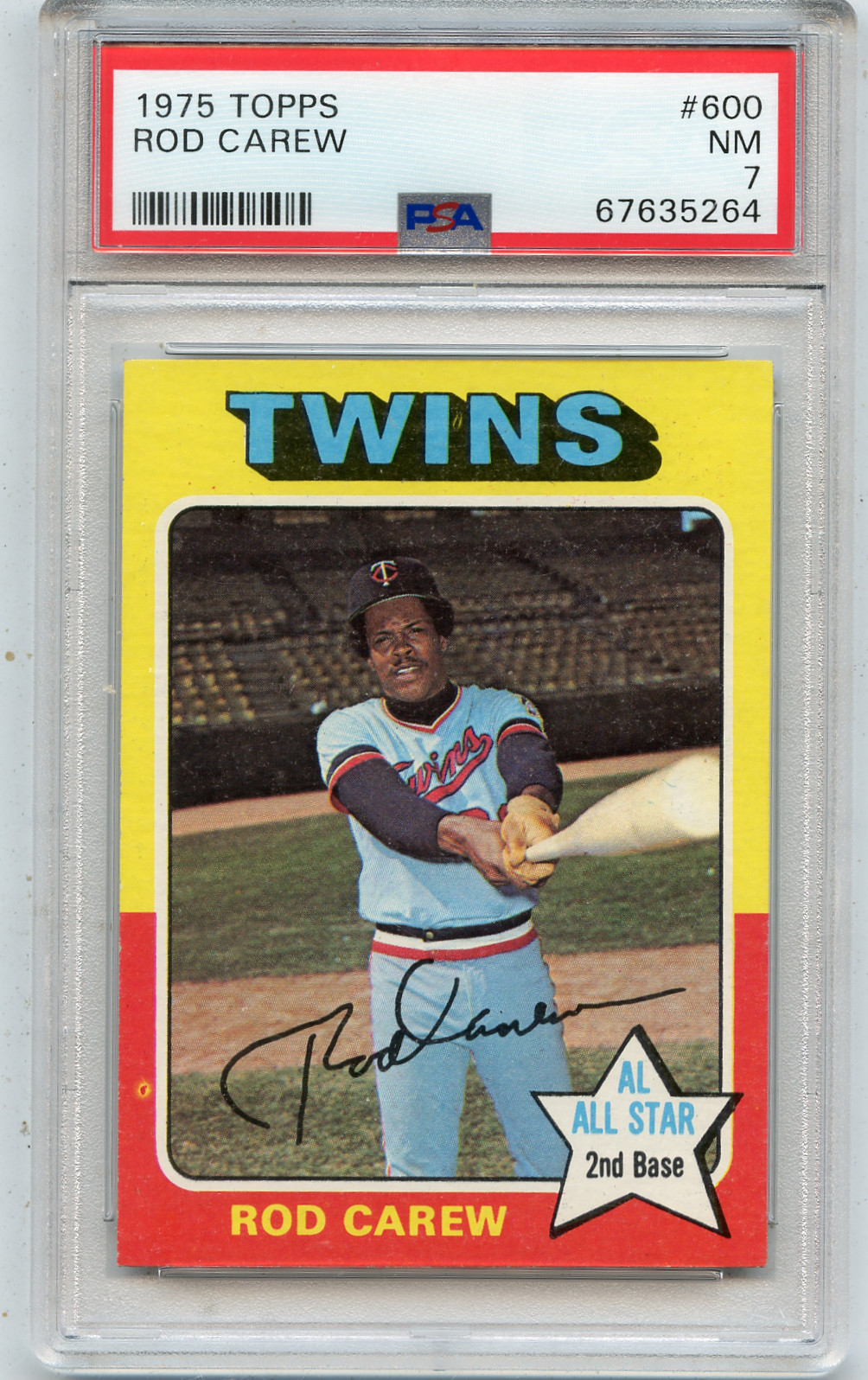 1975 TOPPS BASEBALL #600 ROD CAREW, MINNESOTA TWINS, HOF - PSA 7 NM (35264)