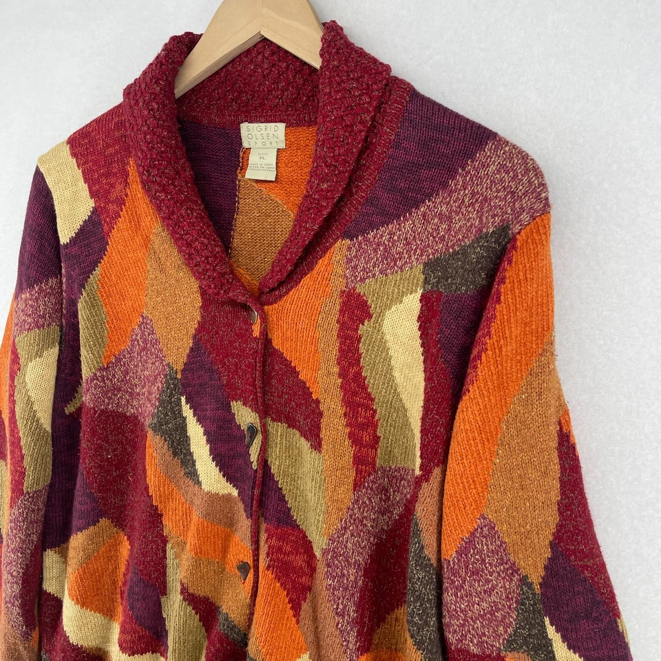 SIGRID OLSEN Sweater Womens PL Petite Colorblock Shawl Wool Blend Cardigan Red - Image 4 of 4