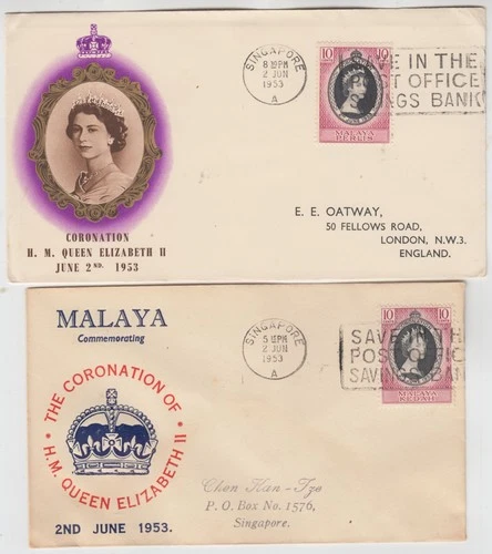 MALAYA 1953 *QEII CORONATION* PERLIS & KEDAH official FDCs with SINGAPORE cd