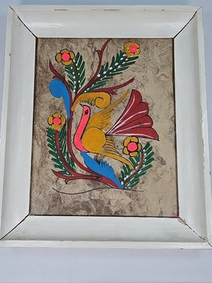 Vintage Amate BARK MEXICAN ART PEACOCK FOLK ART HANDMADE MEXICO & Original Frame