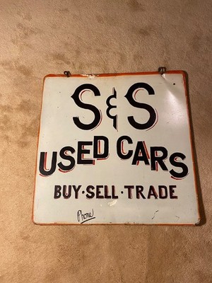 Vintage Used Metal Car Sign Double Sided Hanging 26 X 26