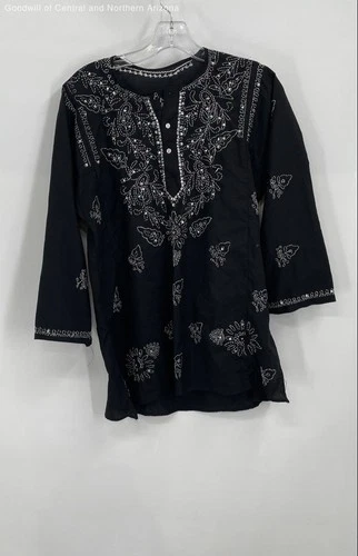Unbranded Hand-Embroidered Lucknowi Chikankari Black Cotton Tunic Kurta Top