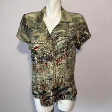 Citron Santa Monica Silk Blouse Asian Boat Motif Short Sleeve Size Medium Womens