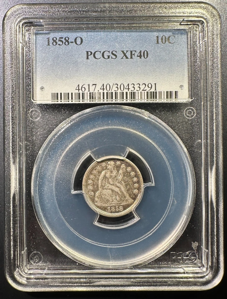 Moneda de diez centavos libertad sentada 1858-O plata graduación profesional XF-40 tonificada gran color escaso bajo pop Foto 3 de 3