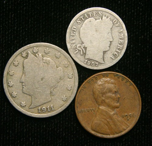 Old US Coin Estate Lot Barber Dime Liberty Nickel Wheat Cent 3 Coin Set