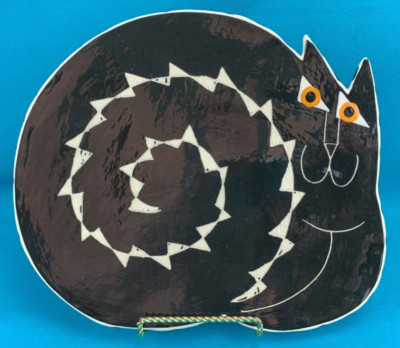 Allison Palmer Cat Platter Vintage Painted Dish Fun Whimsical Black Cat Dish