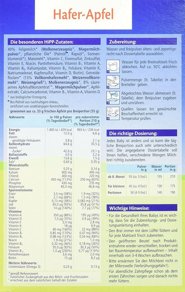 6x 450g Hipp Bio Milchbrei Gute Nacht Hafer Apfel ohne Zuckerzusatz 9 Portionen - Bild 2 von 4