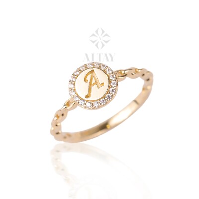 14K Gold Initialen Ring, CZ Diamant Kursive Initiale, zierliches Buchstabenband, Name Mono