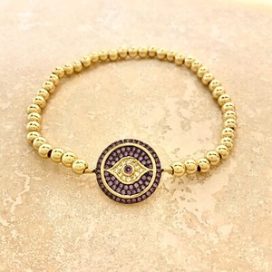 Authentic 3mm Ball stretch bracelet stackable evil eyes 14k gold plated protect myself 