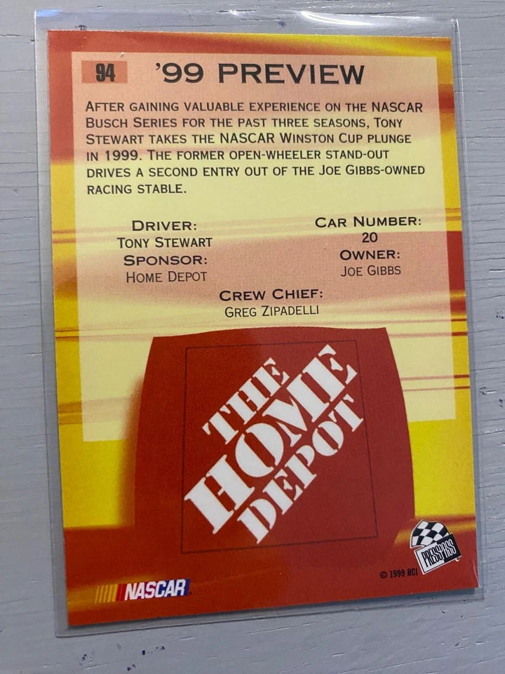 Tony Stewart #94 "99 Preview" - 1999 Press Pass VIP NASCAR Card - Image 2 of 2