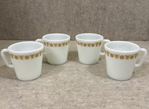 4 VINTAGE PYREX MILK GLASS BUTTERFLY GOLD D-HANDLE COFFEE MUGS CUPS EUC
