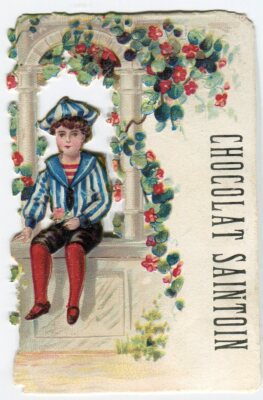 Oblaten scrap  chromo Litho Karte Kinder Junge Fenster Blumen 9,1 cm