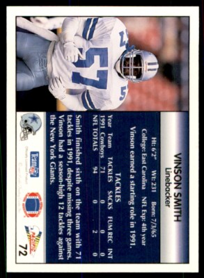 1992 Pacific Vinson Smith Rookie Dallas Cowboys #72 | eBay