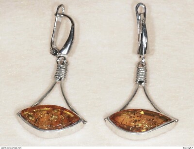 Boucles D'oreilles En Argent 925 Et Ambre Cognac – Pendantes, Clous, Style Boucle