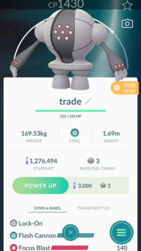 Pokemon Trade GO - Registeel &lt; 1500 CP &amp; 2nd move unlocked  for PVP Great League